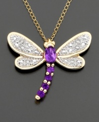 Dazzling dragonfly. A whimsical 14k gold pendant with round and oval-cut amethysts (1/4 ct. t.w.) and sparkling diamond-accented wings. Chain measures 18 inches.