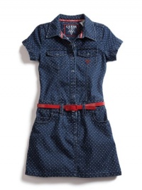 GUESS Kids Girls Pindot Denim Dress with Red Belt, DARK STONEWASH (7/8)