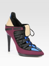 Point toe ankle boot with colorblock neoprene panels, lace-up front and suede trim. Stacked heel, 4¾ (120mm)Island platform, ½ (15mm)Compares to a 4¼ heel (110mm)Neoprene and grosgrain upper with suede trimPoint toeLeather lining and solePadded insoleMade in Italy