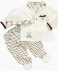 Step up his preppy style with this plaid shirt, footed pant and beanie 3-piece set from Little Me.