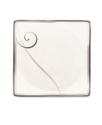 Fluid platinum scrolls glide freely through this stunning and, in a new shape, sleek Platinum Wave square plates from Noritake. A timeless look in dishwasher-safe porcelain for fine dining or luxurious everyday meals.