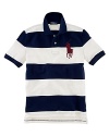 A classic polo is rendered in cotton mesh with a bold, preppy stripe.