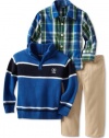 Izod Kids Baby-boys Infant Stripe 1/4 Zip Sweater With Plaid Woven Shirt and Pant, Medium Blue, 18 Months