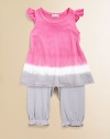 A charming ombré tunic meets a cozy pair of matching pants with ruffled trim for a cute and colorful ensemble.Round necklineRuffled cap sleevesPullover styleElastic waist and hem50% pima cotton/50% modalMachine washImported