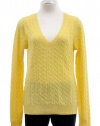 Aqua Bright Yellow Cashmere V-Neckline Long Sleeve Cable Knit Sweater Large