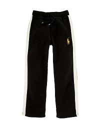 Ralph Lauren's iconic embroidered pony accents a pair of fleece active pants with bold contrast stripes down the legs for sporty style.