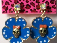 BETSEY JOHNSON Blue Flower w/ Polka dots Enamel Flower with Skull Center,Crystal Stud Earrings