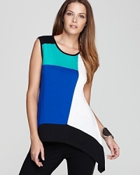 Hot-to-trot color block is all over this BCBGMAXAZRIA top in a black, white, and blue palette that's pleasing to the eye.