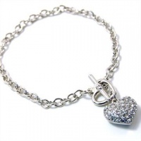 Designer Inspired Clear Crystal Puff Heart Charm Toggle Bracelet - White Gold Plated