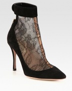 Rich suede and delicate lace combine in this point toe silhouette, finished with a buttoned ankle strap. Suede-covered heel, 4 (100mm)Suede and lace upperPoint toeBack zipLeather lining and solePadded insoleMade in ItalyOUR FIT MODEL RECOMMENDS ordering one size up as this style runs small. 