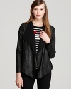 Ponte knit trim lends a soft look to DKNY's drape front jacket, luxe in lambskin leather.