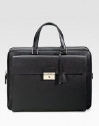 An elegant briefcase in textured saffiano leather with a large envelope exterior pocket. Zip closure Top handles Exterior pocket with clasp closure Interior zip pocket 15¾W X 12H X 2¼D Made in Italy 