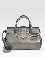 An iconic design in metallic pebbled leather with signature hardware and a detachable strap.Double top handles, 4½ dropDetachable adjustable shoulder strap, 11-23 dropFlip-lock flap closureProtective metal feetOne inside zip pocketOne inside open pocketSuede lining14W X 9½H X 8DMade in Italy