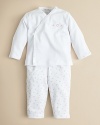 A snug wrap-front shirt and pant set wrought in super soft pima cotton and adorned with heart prints and embroidery.