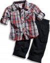 GUESS Kids Boys Roll-Up Sleeve Shirt & Pants Set (12, PLAID (12M)