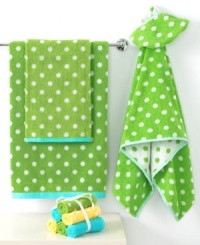 Hop to it! This cheerful Froggy bath towel makes bath time a time for smiles in pure cotton. Its green terry jacquard weave with white polka dots features a cool blue border.