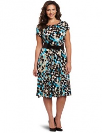 Jessica Howard Women's Plus-Size Scoop Neck Belted Jersey Dress, Blue/Multi, 16W