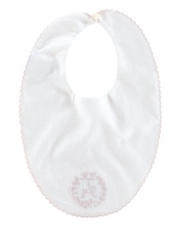 A soft cotton twill bib is finished with sweet floral embroidery and a scalloped trim.