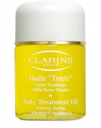 Tonic Body Treatment Oil. A combination of 100% natural plant extracts and aromatic essential oils works to firm, tone and improve skin's apparent elasticity. This moisturizing treatment oil is particularly recommended to help avoid the appearance of stretch marks during pregnancy and lack of firmness during weight loss. Leaves skin soft and supple. 3.4 oz. Imported from France. 