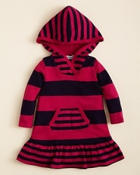 Splendid's hooded dress mixes it up with a cool combination of narrow and wide stripes and a cute kangaroo pocket on the front.