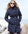 The master of minimalism, Calvin Klein, makes a classic puffer coat look elegantly edgy -- asymmetrical shoulder flaps and metal-buckle belt give this heavyweight warmer a modern touch.