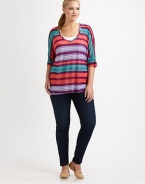 Brightly striped, an easy pullover with modern elbow-length sleeves.V-neckElbow-length sleevesPull-on styleAbout 29 from shoulder to hemMicro modalHand washMade in USA