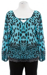 Shiloh Aqua Chiffon Animal Print Smocked Long Sleeve Shirt Top Small