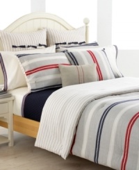 Finish your bed with a touch of classic Tommy style. The Newport Bay sheet set features 300-thread count cotton in ivory, embellished with a navy & red ticking stripe on the hem of the flat sheet and pillowcases.