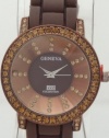 Geneva Women's Silicone Designer Watch with Brown Baguette Stones Bezel