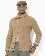 The pinnacle of relaxed refinement, a long-sleeved shawl cardigan is cable-knit from luxurious camel hair with supple leather detailing.