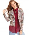 A floral tapestry fabric brings print and texture to this Free People motorcycle jacket for a feminine yet fashion-forward look!