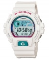 Light up your day with this shock-resistant sport watch by G-Shock. White resin strap and round case. Digital display dial with auto EL backlight, tide and moon graphs, world time, five multifunction alarms, stopwatch, countdown timer and 12/24-hour formats. Quartz movement. Water resistant to 200 meters. One-year limited warranty.