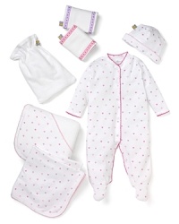 A perfect gift for the newborn girl in your life, this star-print set welcomes her into the world in style, with adorable footies, hat, blanket, towel and two burp cloths.