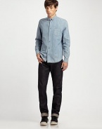 Pinstriped chambray is tailored oxford-style with a button-down collar.ButtonfrontChest patch pocketCottonMachine washImported