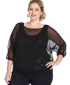 A sheer winner: Grace Elements' layered look plus size top, featuring a sequined inset-- it's party-perfect!