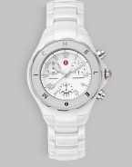 Sleek and chic, with a ceramic case and matching signature enamel dial. Swiss quartz movement K-1 mineral crystal Round enamel chronograph dial Round case, 35mm, 1.38 Number markers Date display Ceramic band Strap is not interchangeable Imported