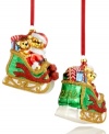 Two fun-loving bears get in the spirit, taking a ride on Santa's sleigh. Stacked with gifts and sparkling with glitter, this Holiday Lane ornament makes every Christmas merry. Shown front and back.