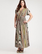 A spellbinding maxi dress featuring a vivacious print. The impeccably designed neckline will complement your decolletage as its Empire waist defines your shape.V-necklineShort sleevesEmpire waistAllover printConcealed back zipper About 43 from natural hem94% venezia/6% spandexDry cleanMade in USA