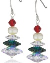 Aurora Borealis, Red, and Green Swarovski Elements with White Freshwater Pearl Sterling Silver Holiday Earrings