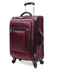 A little goes a long way with lightweight luggage that eases your load without sacrificing durability. The long life of this incredibly strong suitcase keeps you traveling, offering 360-degree wheels, an expandable main compartment and convenient interior features that keep your clothes wrinkle free. Limited lifetime warranty.