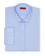 Contemporary fit shirt with spread collar. Square cuffs with two buttons to resize width. Clean front, no pocket. Back yoke with two darts.