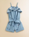 A nautical-inspired, lightweight denim romper features a pretty ruffled neckline, a belted sash at the waist and a cuffed hem.Straight elasticized neckline with ruffled trimSpaghetti strapsPull-on styleSmocked waistFront inseam pocketsBack welt pocketsCuffed hemCottonMachine washImported