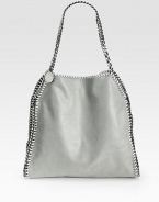 A smaller version of the classic Falabella, in suede-like polyester with a silver tone chain trim.Double chain shoulder straps, 6 drop Snap top closure One inside zip pocket Nylon logo lining 14W X 15H X 3D Made in Italy