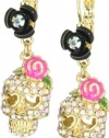 Betsey Johnson Gold-Tone Crystal Skull Pink Flower Drop Earrings