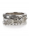 GUESS Bow Pearl Three Ring Set - Size 7, SILVER (7)