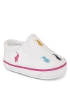 A preppy slip on with embroidered pony logo allover.