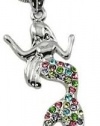 Small Silver Mermaid Charm Necklace with Colorful Rainbow Embellished Crystals