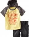 Calvin Klein Boys 2-7 Short Sleeve 2 Piece Hooded Tee With Denim Short, Yellow, 4T