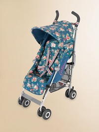 This flower-covered everyday stroller folds easily and compactly while offering superb comfort for babies 3 months and older.Folds in a flashWeighs about 12 poundsFour-position reclineRemovable, washable padded seatHandy mesh shopping basketExtendable leg restHandy under-seat storage basketReinforced chassisFive-point safety harnessLinked brakesAccommodates children 3 months and older