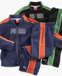 Don't block his shine – when the sun's shining but it's a little cool, he can go out and play in this track jacket and pants set from Puma.